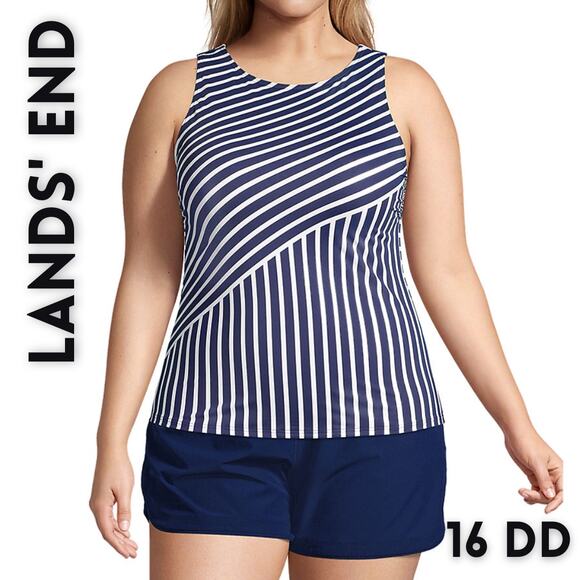 Lands End Tankini Swimsuit Top 16 DD Blue White Stripe High Neck Nautical UPF 50 - Picture 2 of 10